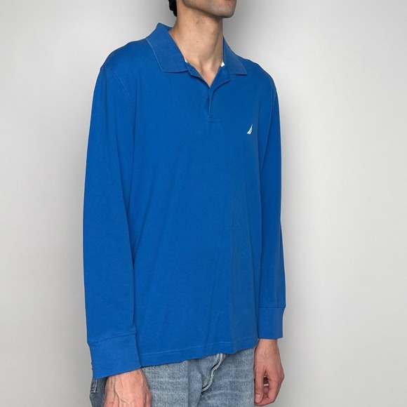 Nautica Mens Long Sleeve Polo Shirt Blue Classic Fit Cotton Logo Large L - Picture 2 of 11